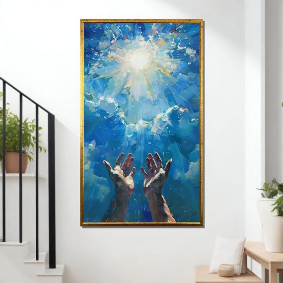 Reaching For Light Uplifting Abstract Art Inspirational Hands Wall Print Radiant Sky Decor Ready To Hang Decoration