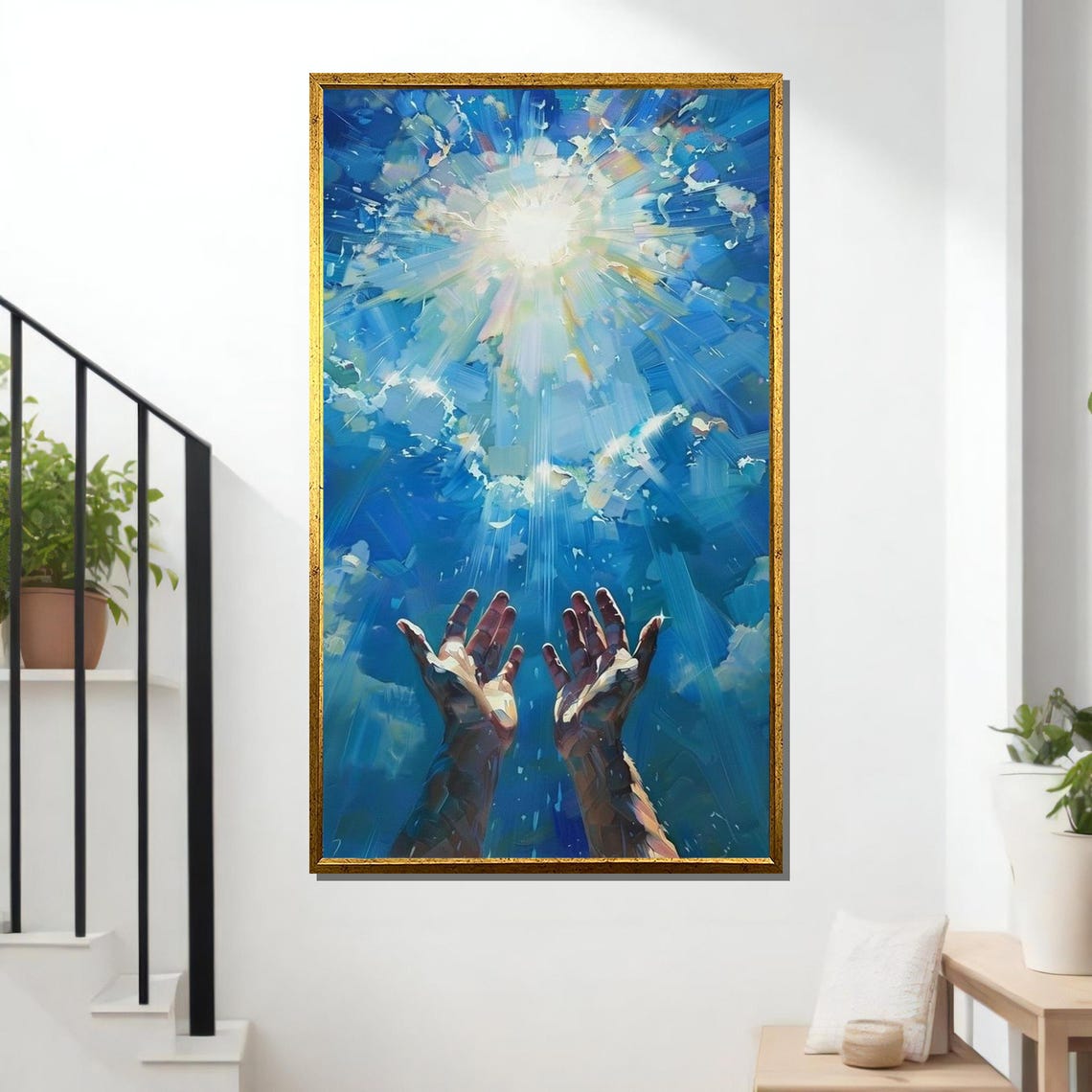 Reaching For Light Uplifting Abstract Art Inspirational Hands Wall Print Radiant Sky Decor Ready To Hang Decoration