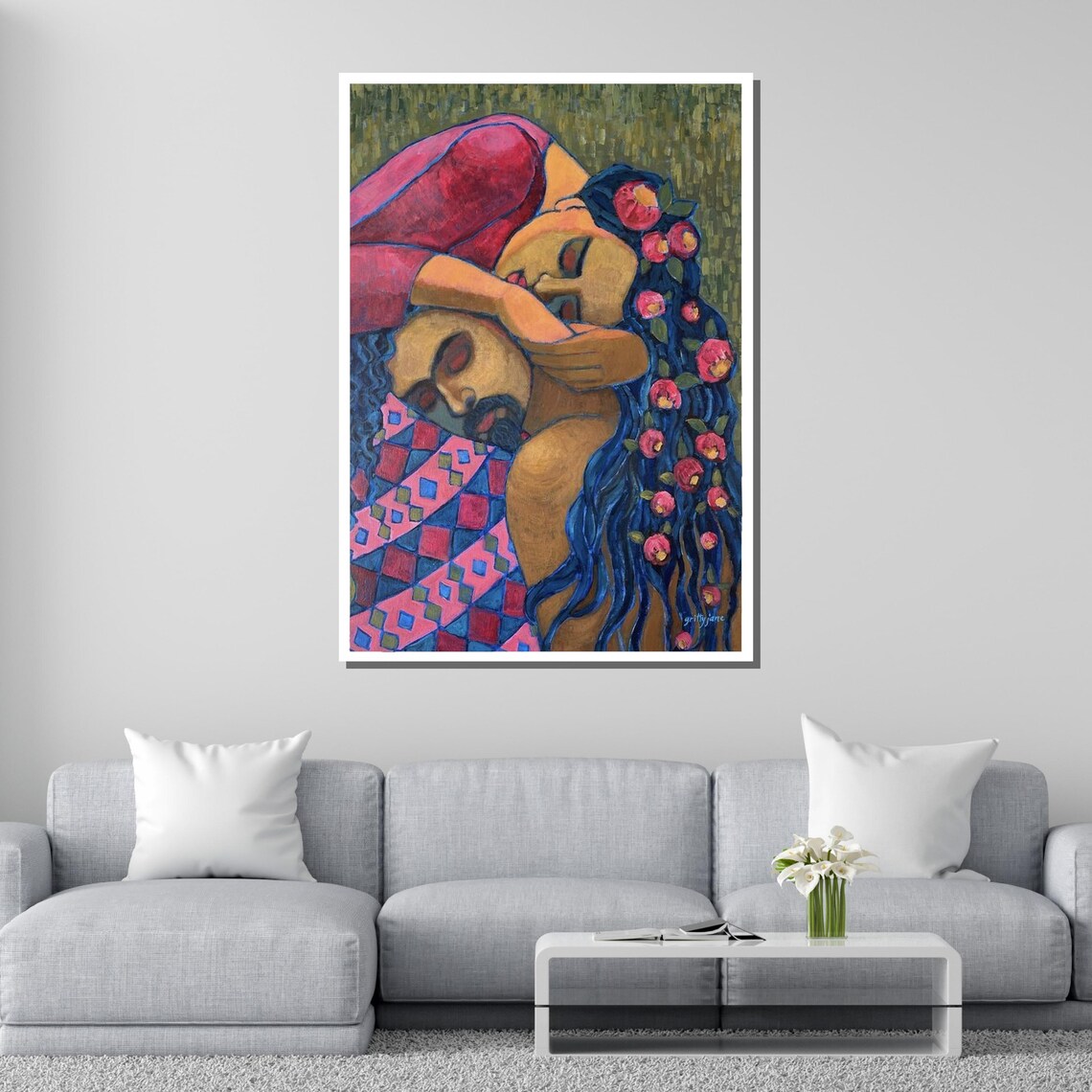 Lovers Embrace Colorful Floral Hair Tender Couple Vibrant Love Poster - Image 2