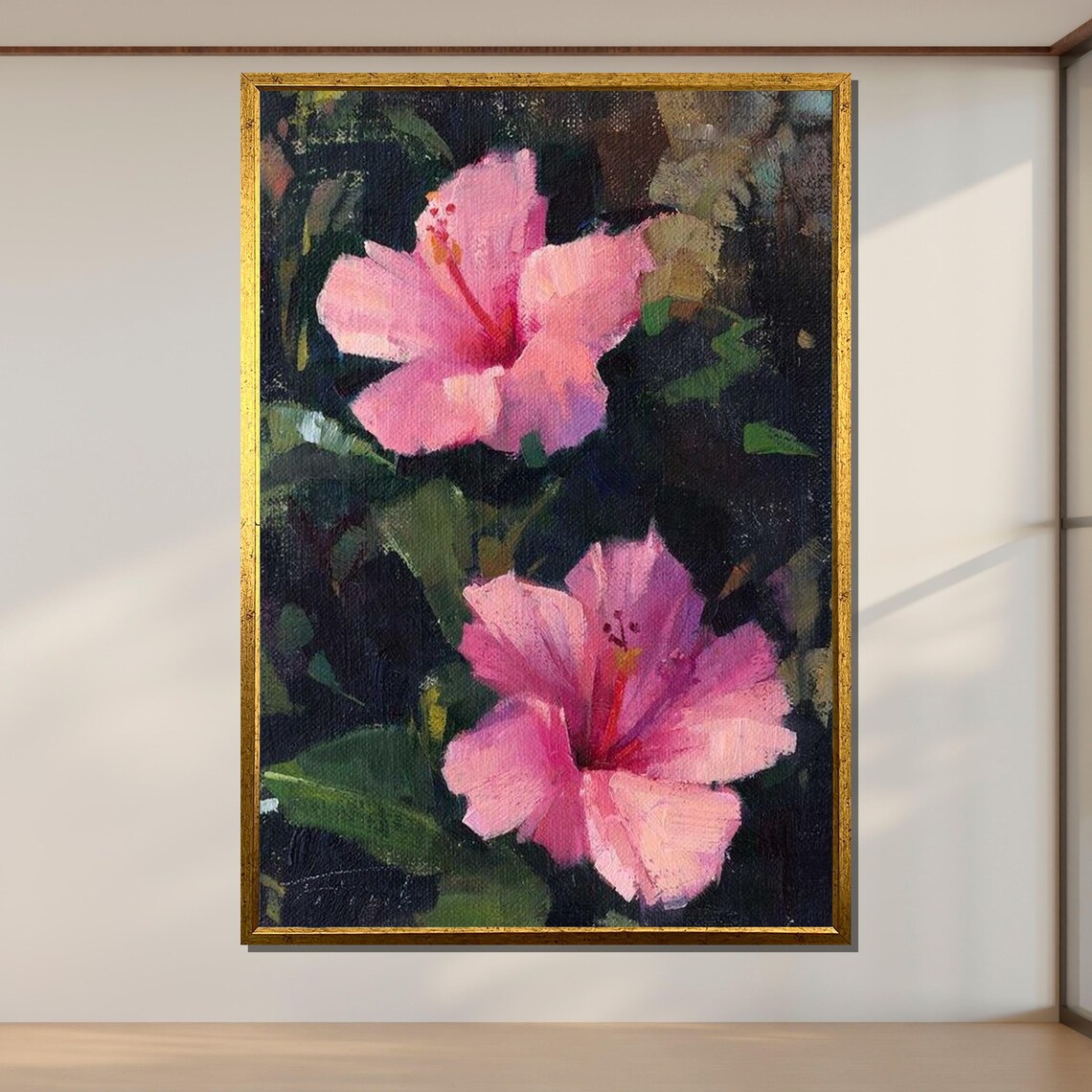 Pink Hibiscus Tropical Bloom Oil Painting Botanical Floral Poster