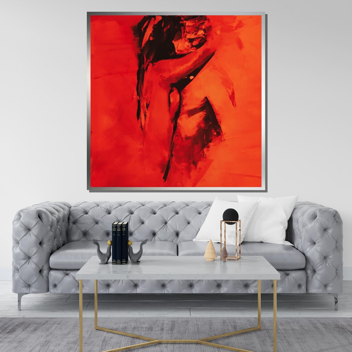Passionate Red Embrace Abstract Lovers Painting Bold Wall Art Poster - Image 3