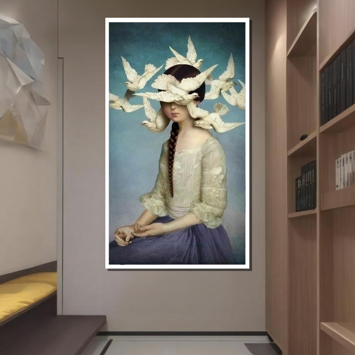 Girl With Doves Surreal White Bird Portrait Whimsical Art Print - Image 4