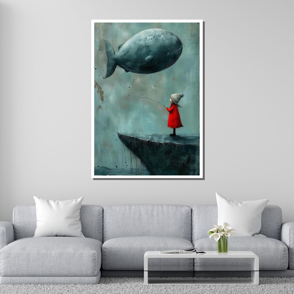 Little Girl And Whale Surreal Dream Sky Fishing Fantasy Art Poster - Image 2