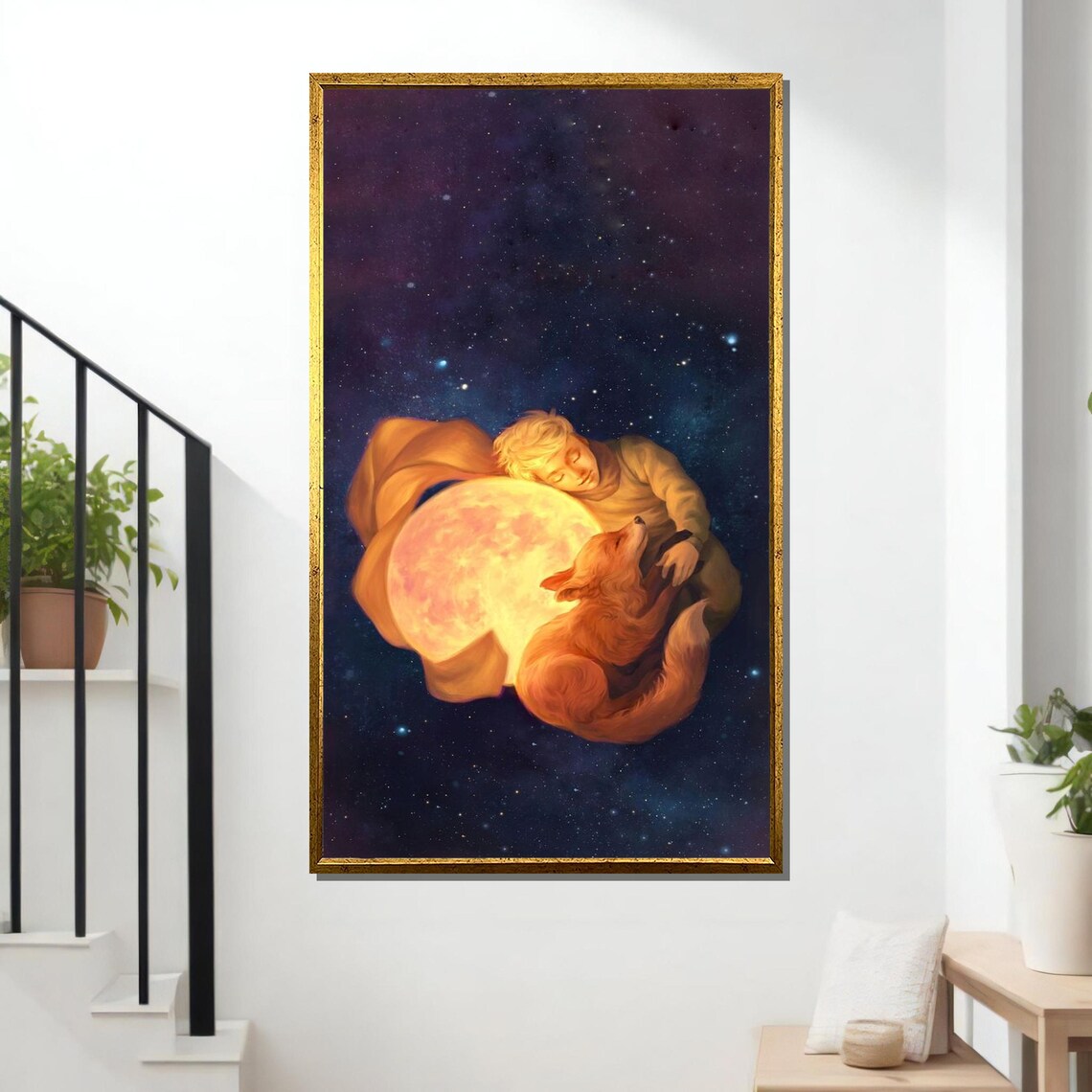 Moonlit Boy And Fox Sleeping Under Starry Night Sky Fantasy Wall Poster