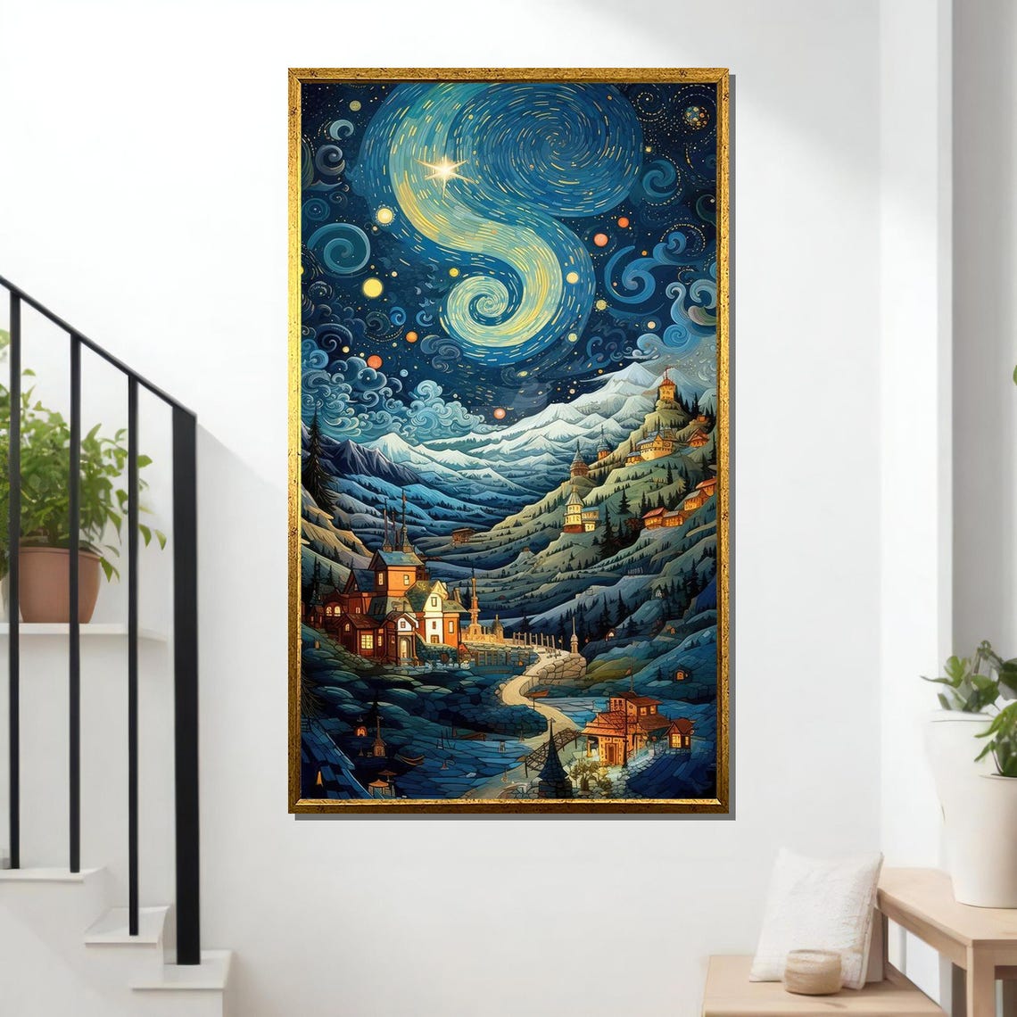 Starry Mountain Village Whimsical Night Sky Art Starry Night Print Enchanting Wall Decor Ready To Hang