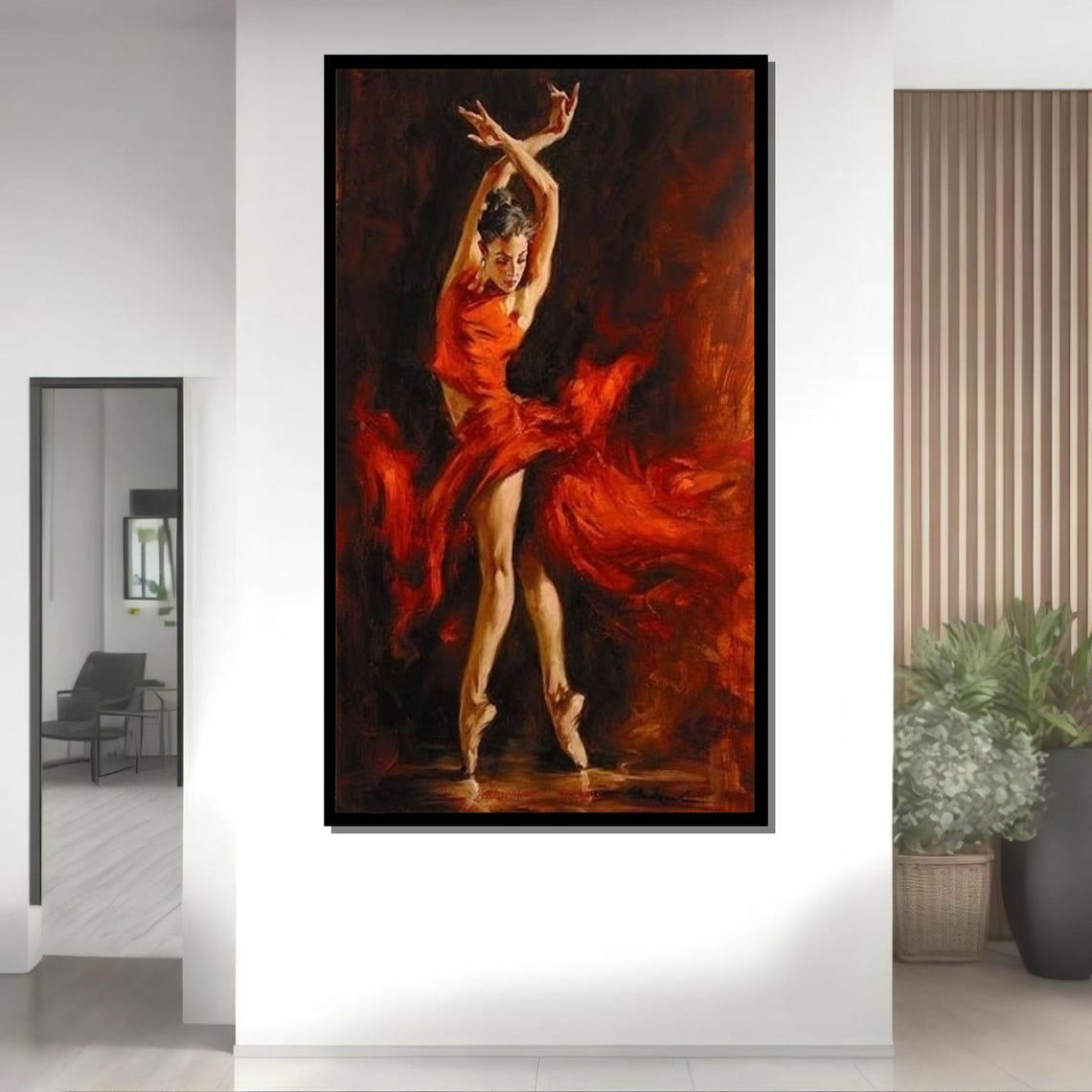Flamenco Dancer Red Dress Ballet Art Elegant Flamenco Wall Art Passionate Dance Painting Ready To Hang - Image 4