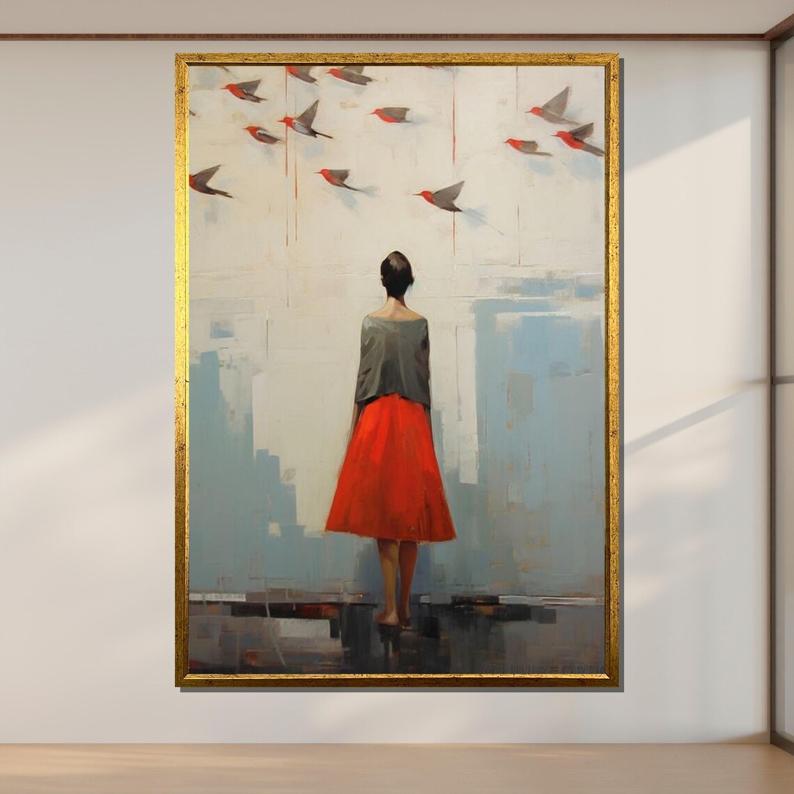 Woman In Red Skirt With Birds Minimalist Figurative City Art Poster