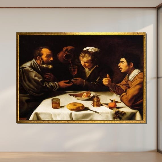 Baroque Dinner Scene Classic Still Life With Figures Caravaggio Inspired Art Rustic Wall Decor Ready To Hang