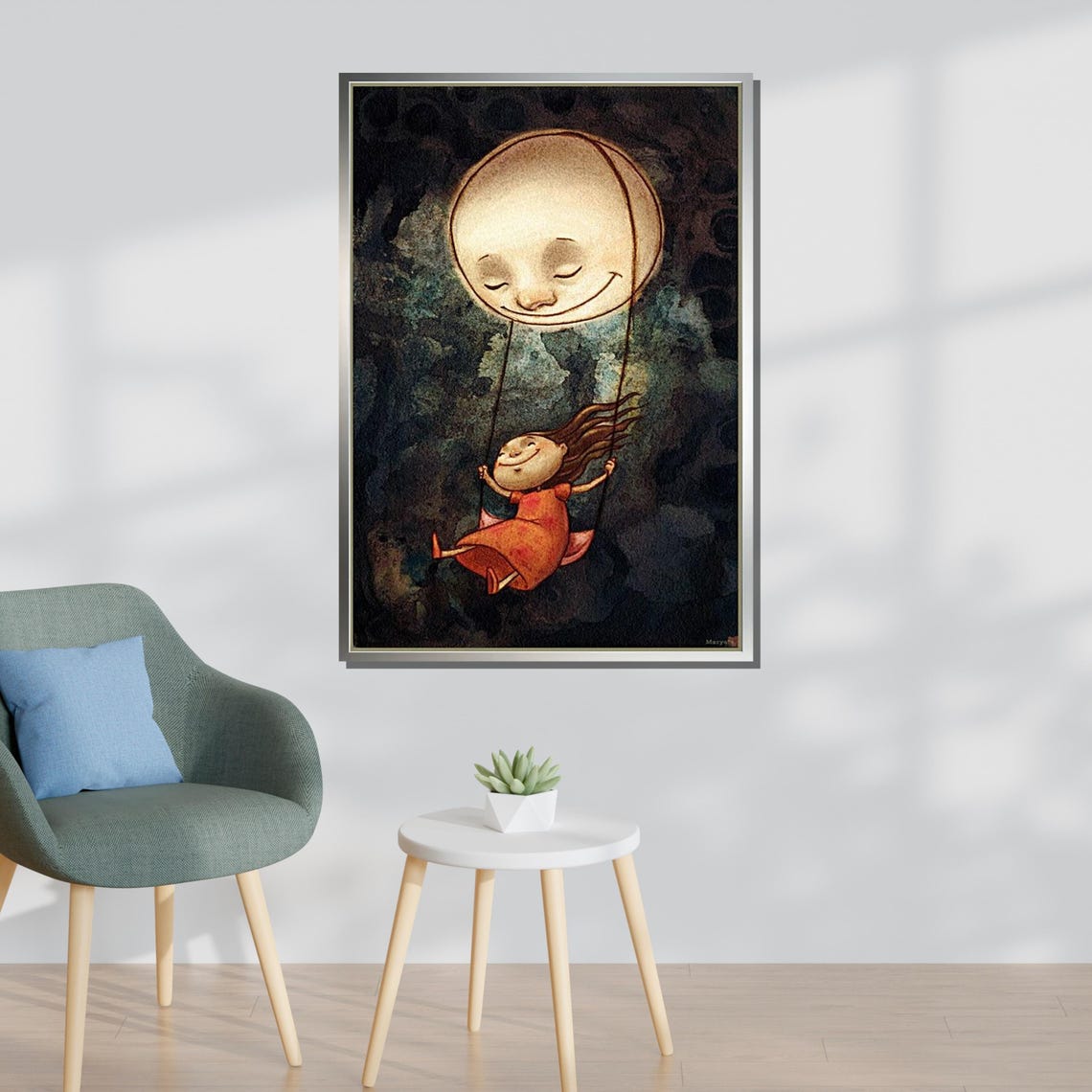 Whimsical Moon Swing Smiling Moon Face Girl Night Sky Nursery Poster - Image 3