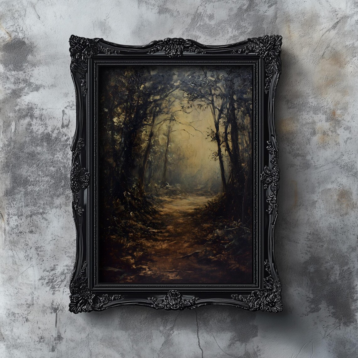 Dark Misty Forest Path Vintage Spooky Halloween Oil Painting Poster