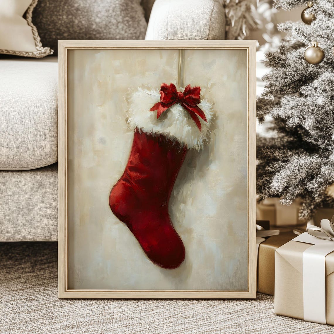 Red Christmas Stocking Print Antique Santa Sock Oil Painting Muted Holiday Season Ornament Gallery Art Vintage Winter Cottagecore Poster
