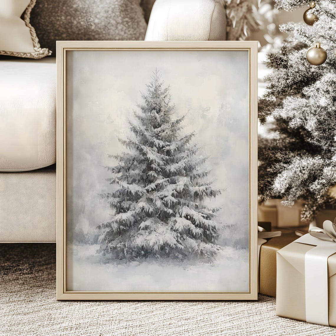 Snow Covered Evergreen Tree Muted Winter Christmas Art Poster