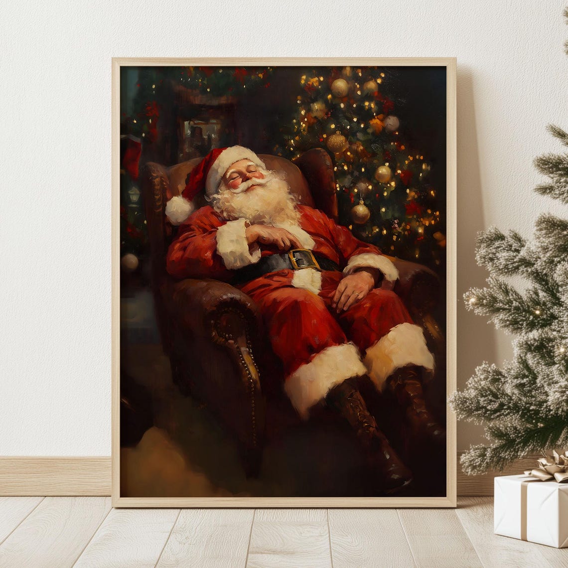 Santa Claus Sleeping in Armchair by Christmas Tree Classic Poster - Image 2