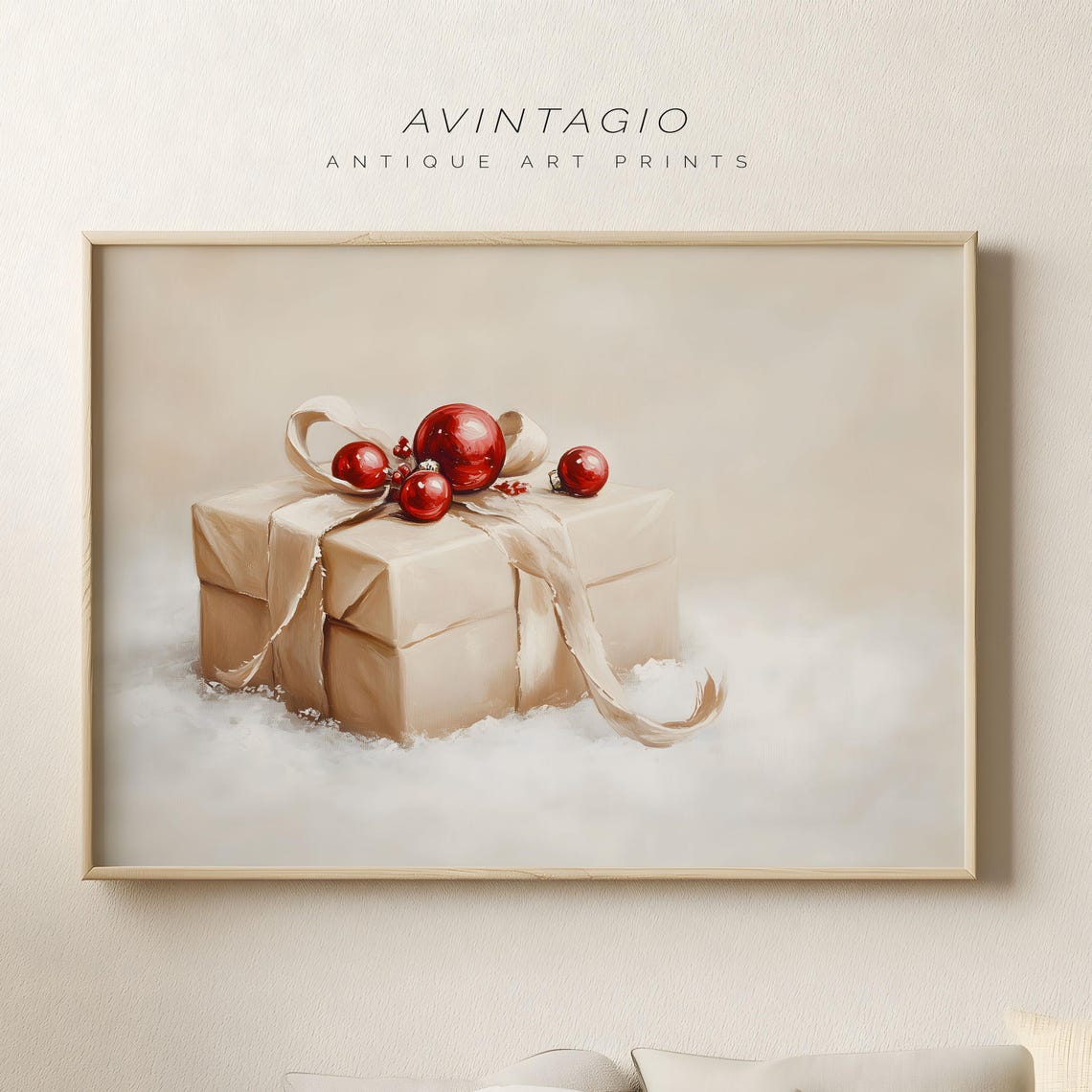 Kraft Gift Box with Red Baubles in Snow Christmas Art Poster