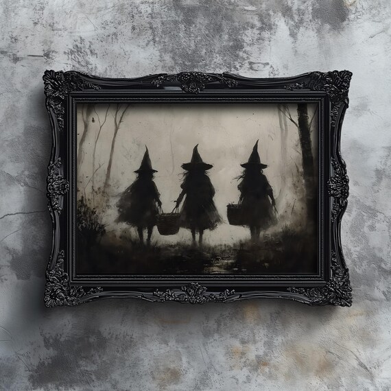 Three Witches Silhouettes in Mist Spooky Halloween Art Poster