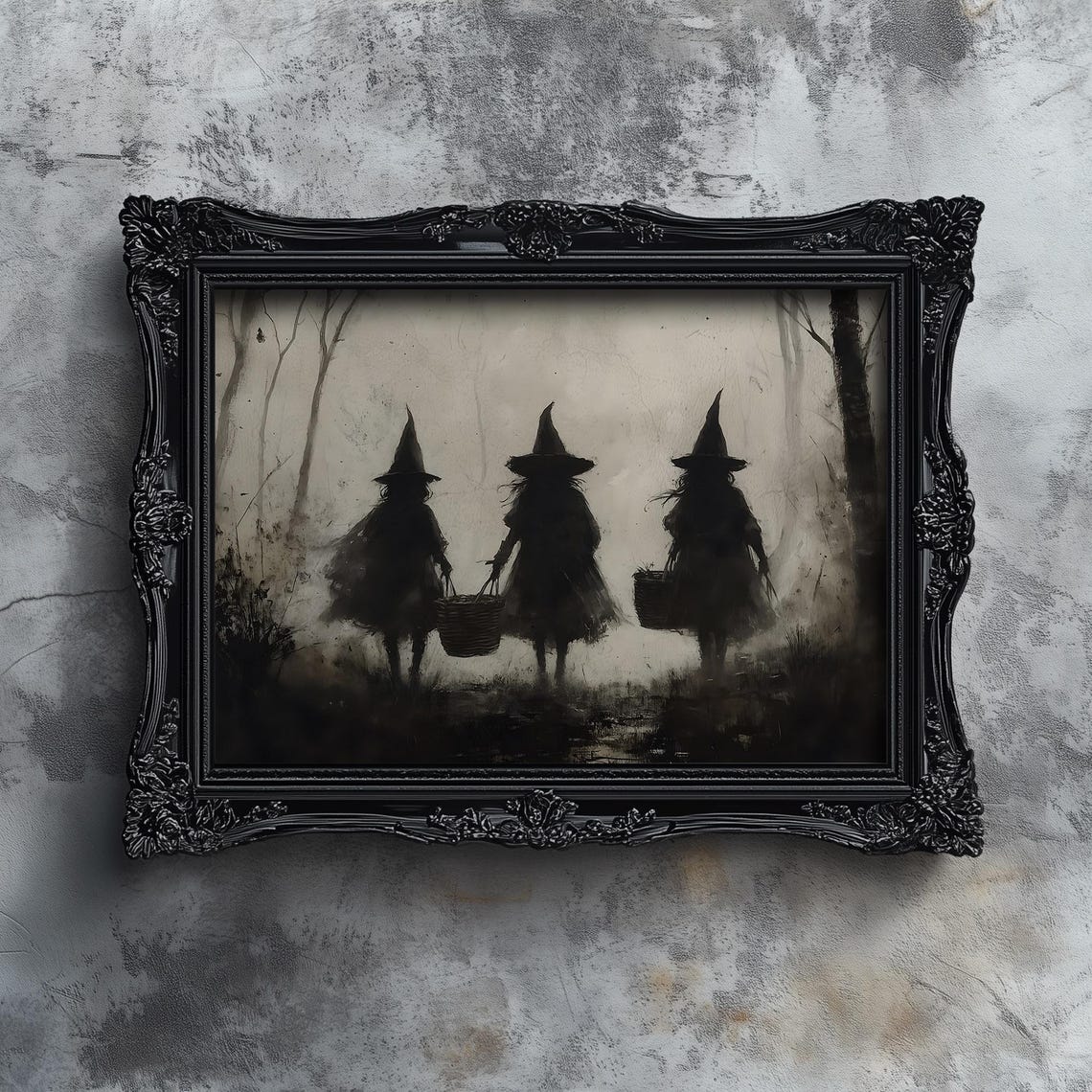 Three Witches Silhouettes in Mist Spooky Halloween Art Poster