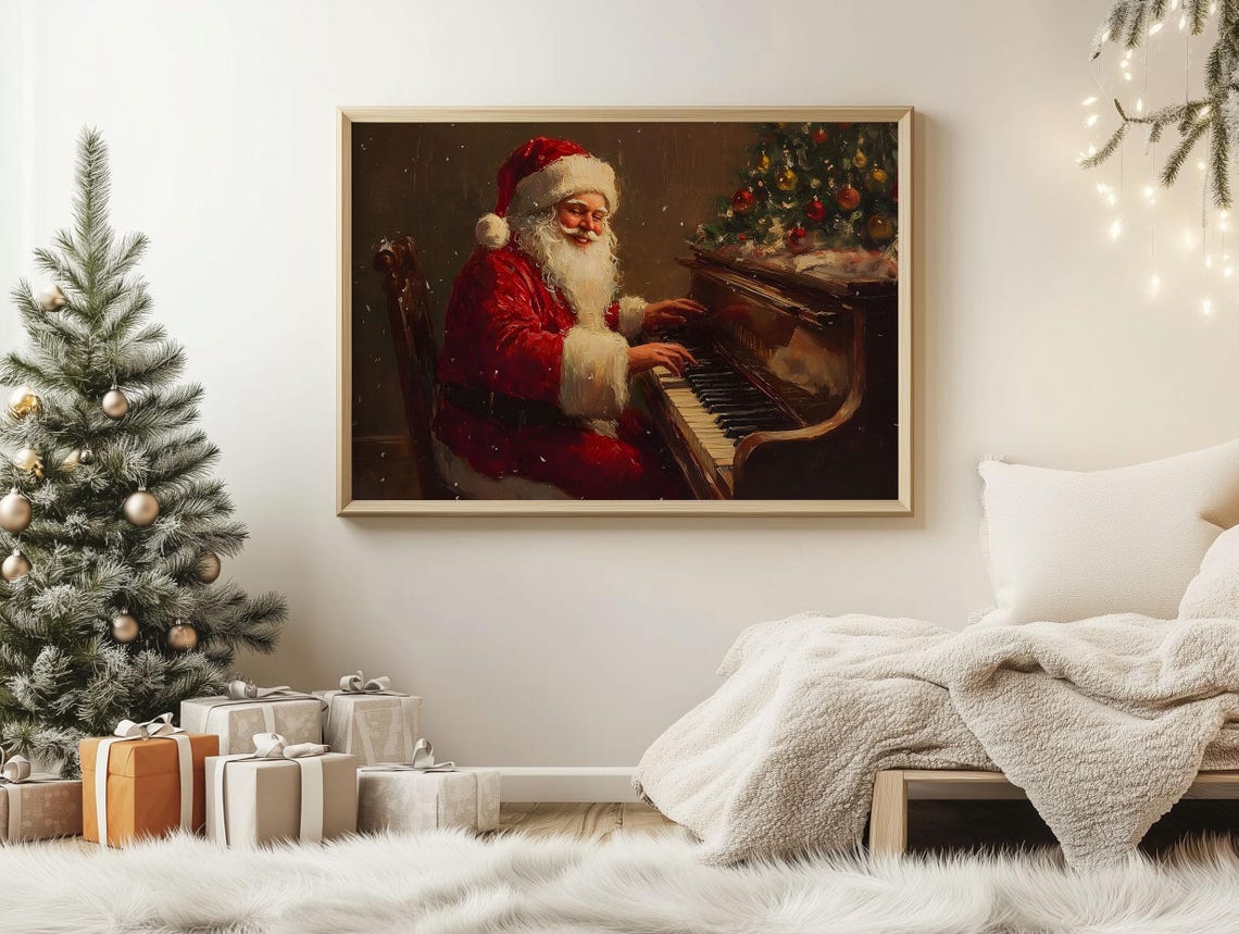 Vintage Santa Claus Playing Piano Beside Christmas Tree Art Poster - Image 2