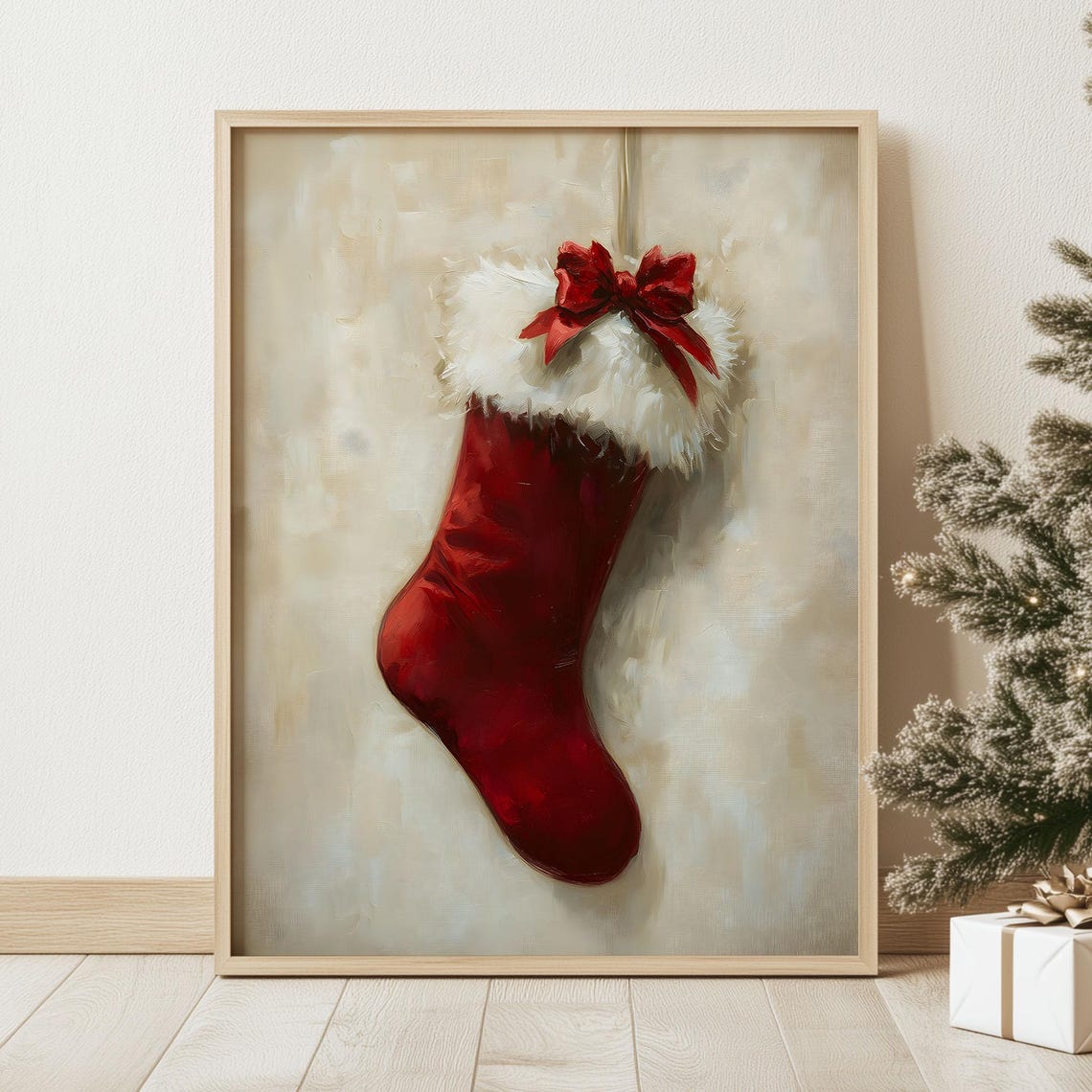 Red Christmas Stocking Print Antique Santa Sock Oil Painting Muted Holiday Season Ornament Gallery Art Vintage Winter Cottagecore Poster - Image 2