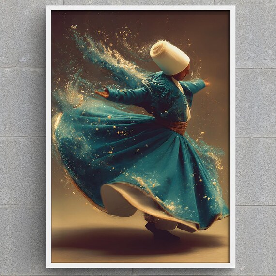 Whirling Dervish Art Print Sufi Dancer Spiritual Wall Decor Mystical Islamic Home Teal Gold Ethereal