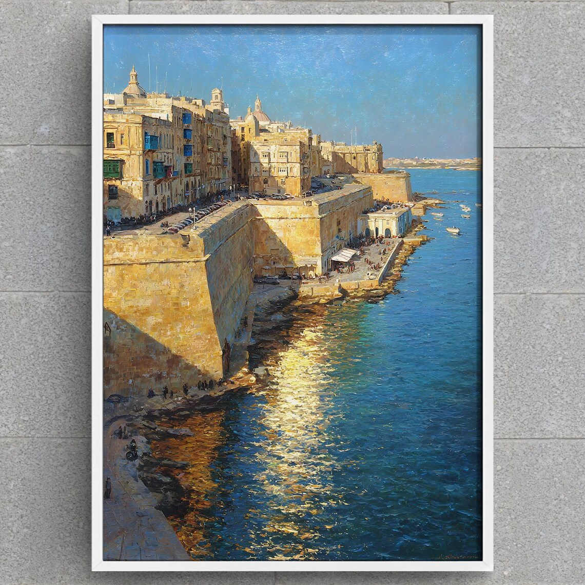 Valletta Malta Harbor Golden Fortress Waterfront Painting Poster