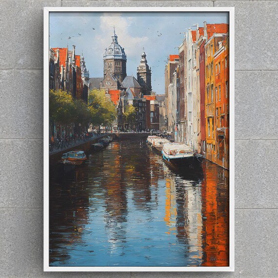 Amsterdam Canal Gabled Houses Houseboats Impressionist Cityscape Poster