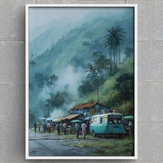 Cte Divoire Tropical Village Art West African Landscape Print Palm Trees Mountain Scene Wall Instant