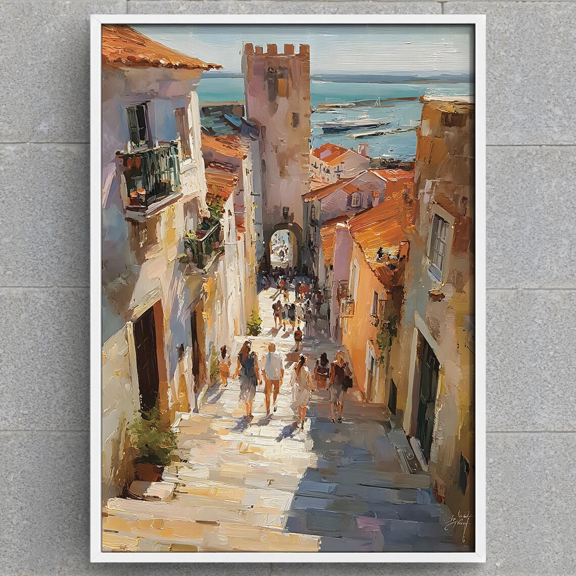 Portuguese Coastal Old Town Alley Harbor Oil Painting Poster