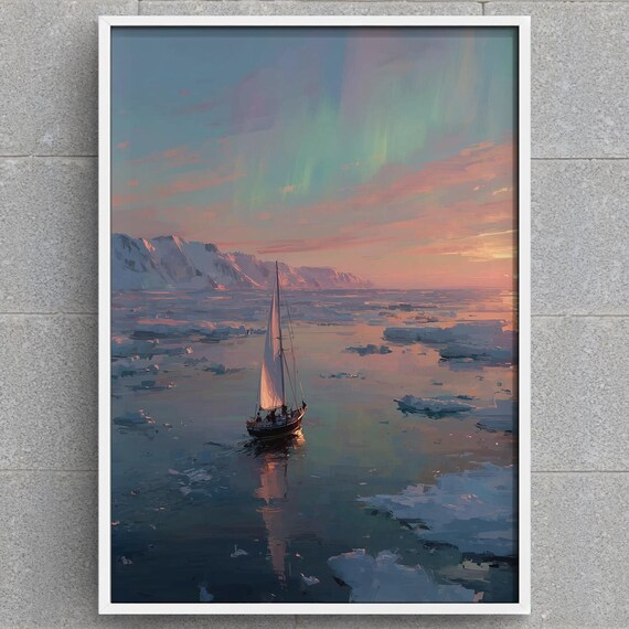 Northern Lights Sailboat Art Arctic Seascape Aurora Painting Print