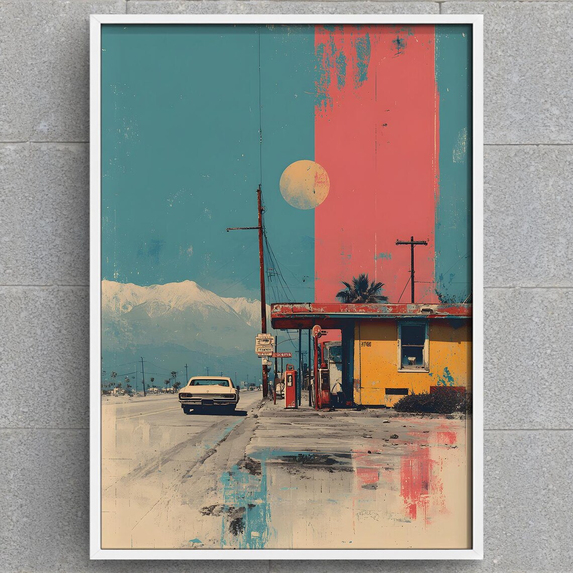 Vintage Retro Gas Station Classic Car Roadside Americana Poster