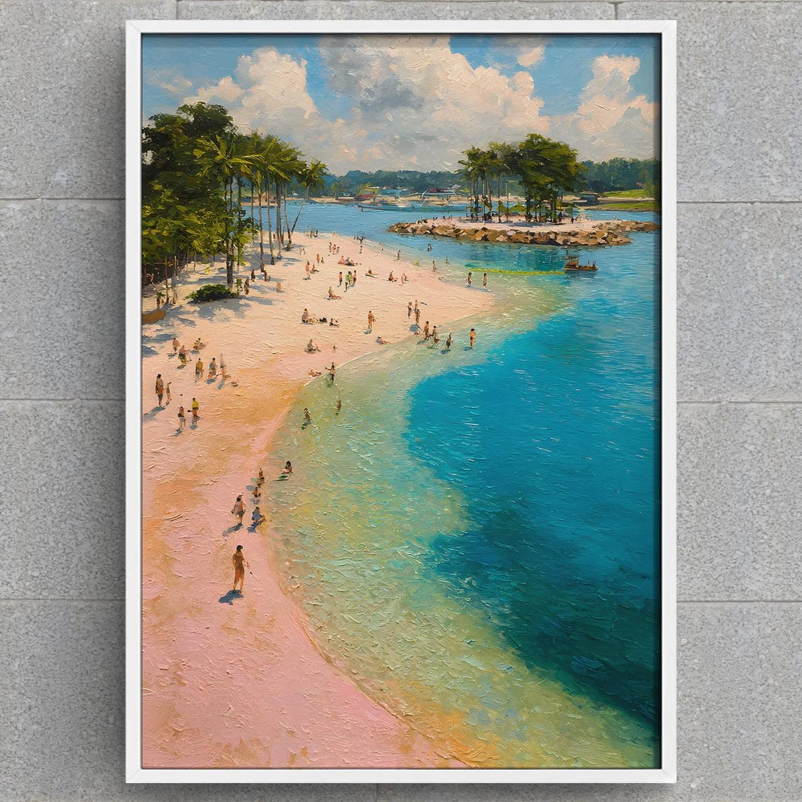 Curved Sandy Beach Swimmers Palm Trees Turquoise Bay Scene Poster