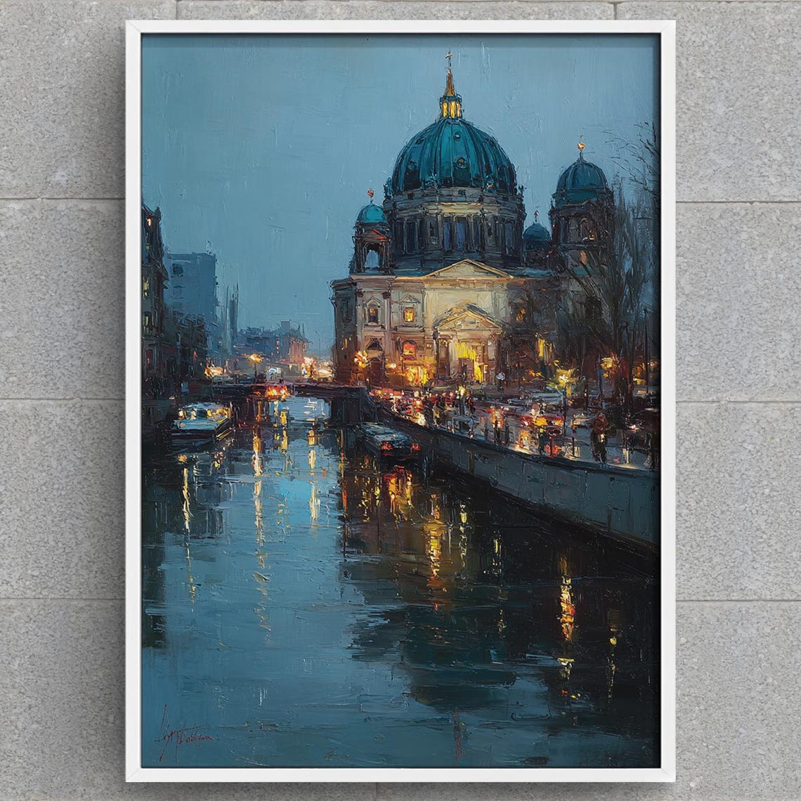 Berlin Cathedral Evening Lights Reflecting River Painting Poster
