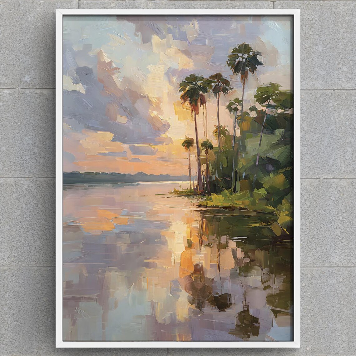 Impressionist Palm Tree Painting Tropical Sunset Wall Art Serene Lake Landscape Print Nature Decor