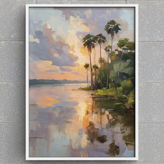 Impressionist Palm Tree Painting Tropical Sunset Wall Art Serene Lake Landscape Print Nature Decor