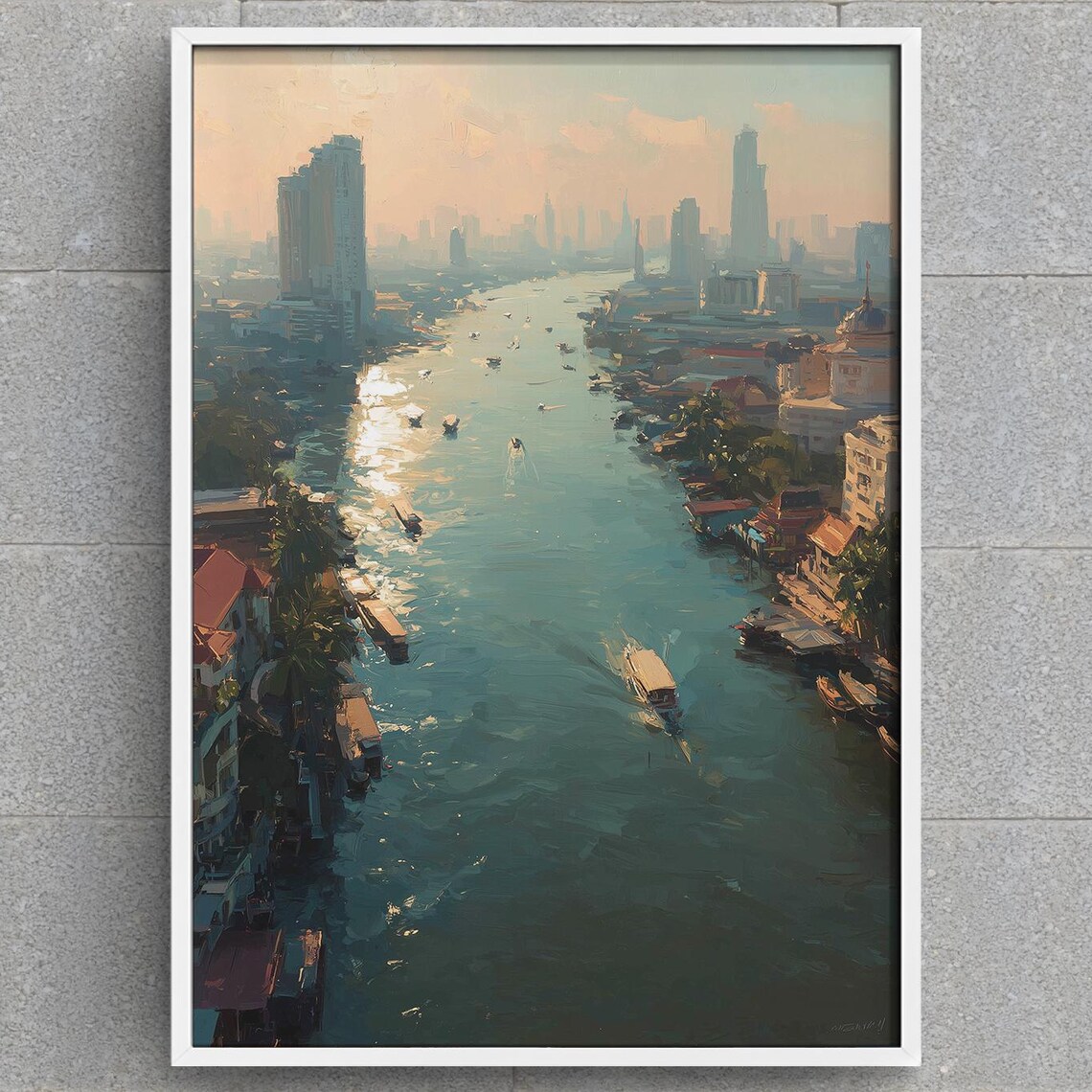 Bangkok Thailand River Poster Chao Phraya Boats at Sunrise Painting