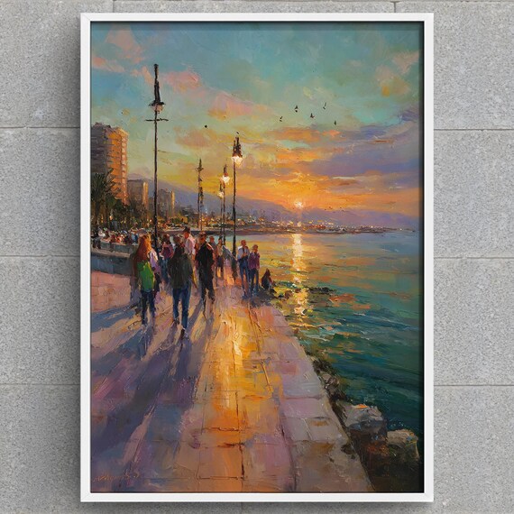 Beirut Sunset Promenade Art Print Lebanon Coastal Cityscape Mediterranean Waterfront Painting