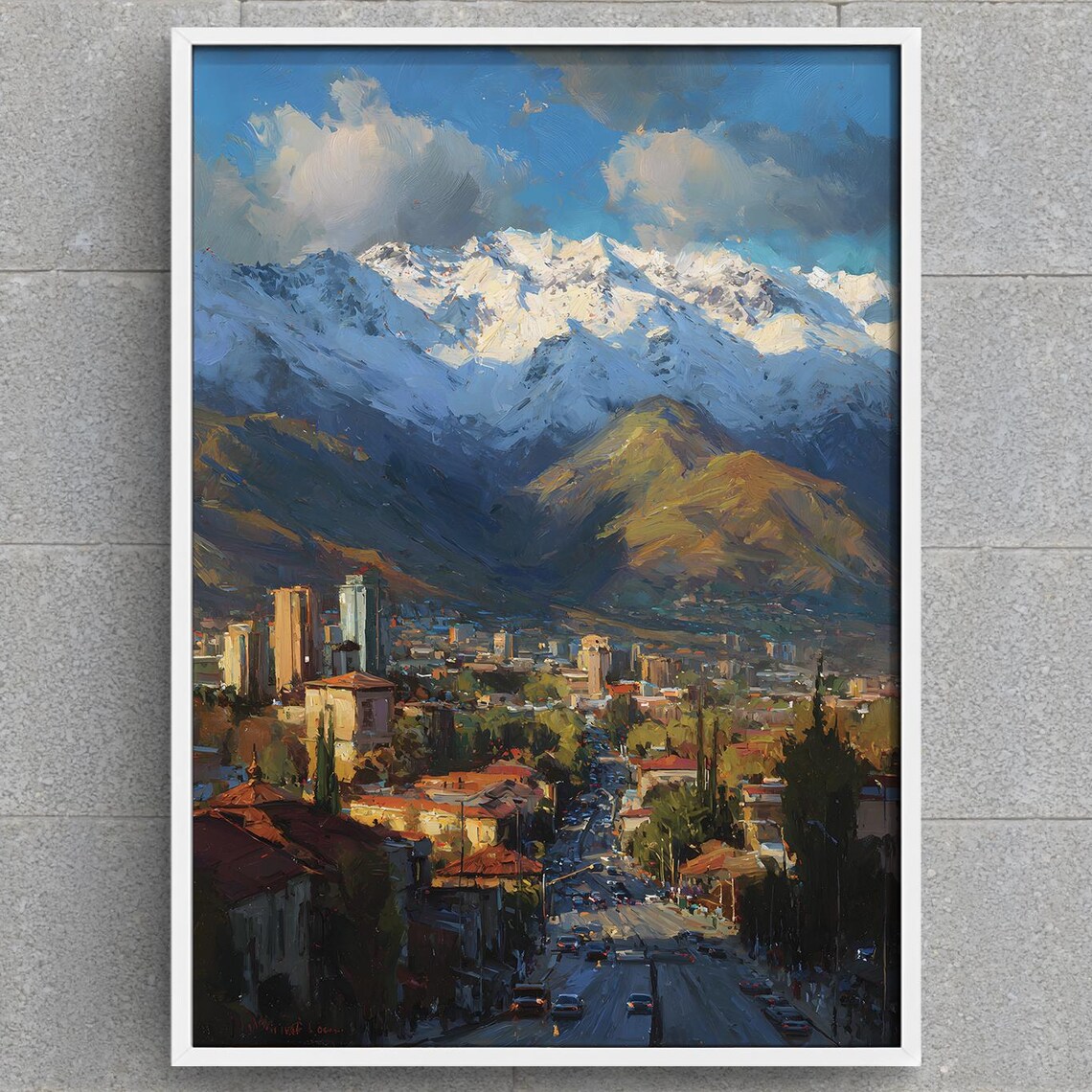 Snow Capped Mountain Cityscape Golden Valley Sunset Painting Poster
