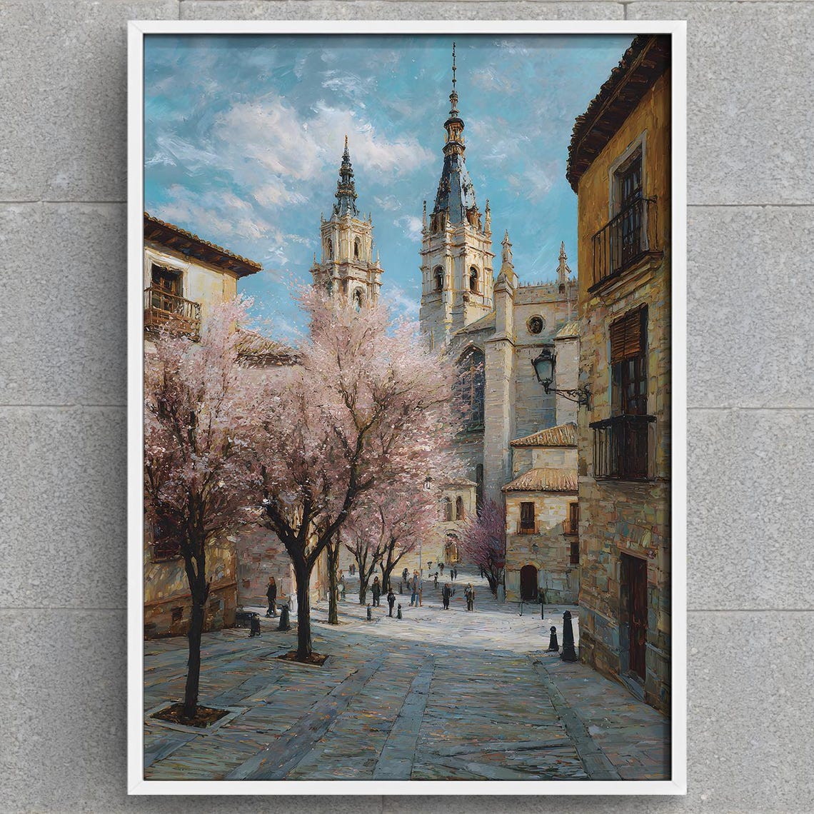 Toledo Cathedral Painting Historic Spanish Cityscape Art Spring Bloom Street Scene Gothic Architecture Print
