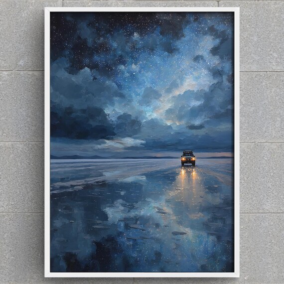 Salar De Uyuni Art Print Bolivia Starry Night Reflective Salt Flat Landscape Adventure Travel Decor Oil Painting Style