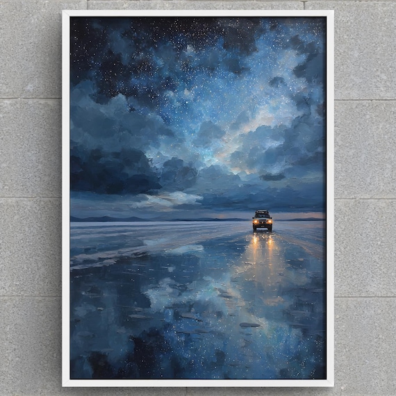 Starry Night Road With Headlights On Wet Reflective Plain Painting Poster