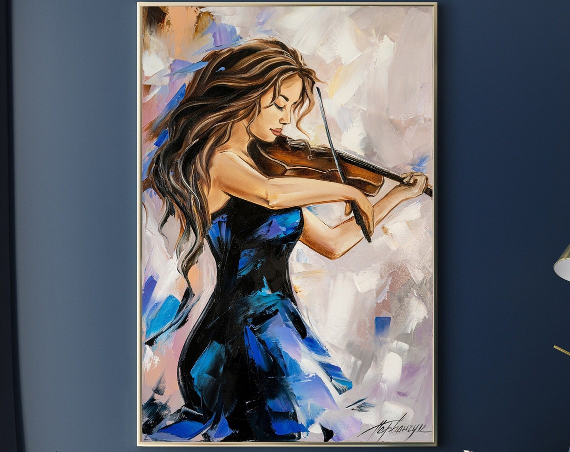 Abstract Girl With Violin Oil Painting Modern Woman Art Music Gifts For Her Royal Blue Painting 48x36 Elegant Wall Decor Contemporary Art