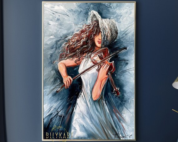 Girl In White Hat Playing Violin Abstract Blue Music Oil Painting Print