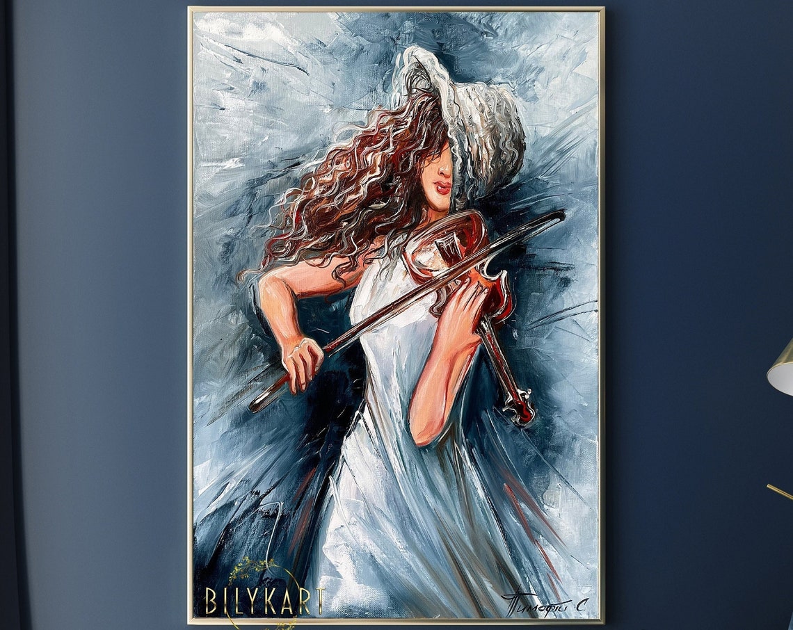 Girl Playing Violin Oil Painting Original Woman In Hat Wall Art Abstract Violin Art Music Painting Modern Living Room Wall Decor