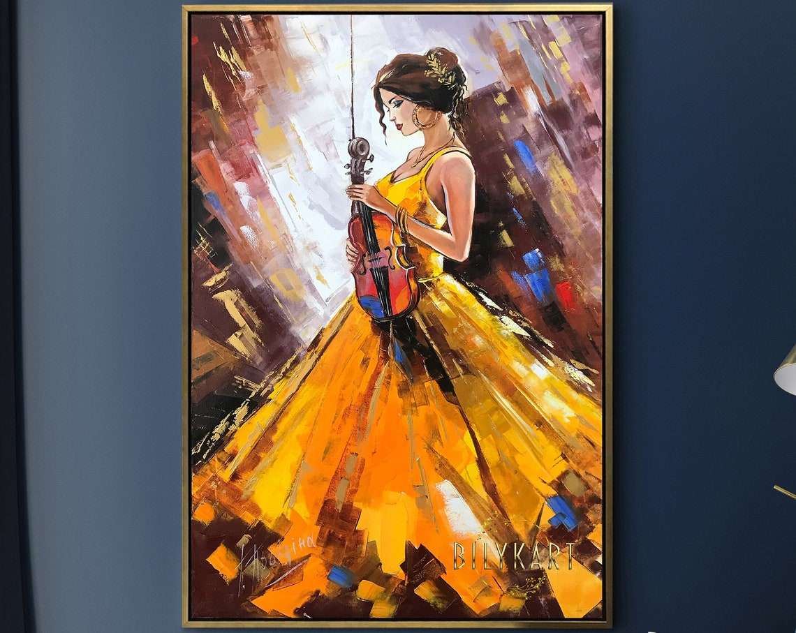Abstract Woman In Yellow Dress Oil Painting Original Lady With Violin Painting Violin Decor Girl Violinist Painting Modern Woman Artwork - Image 2