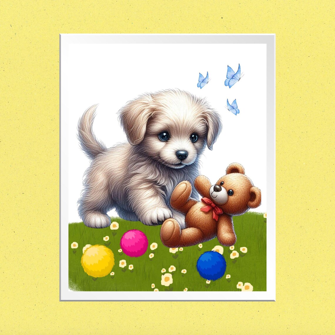 Fluffy Puppy With Teddy Bear and Colorful Balls Playtime Poster - Image 4
