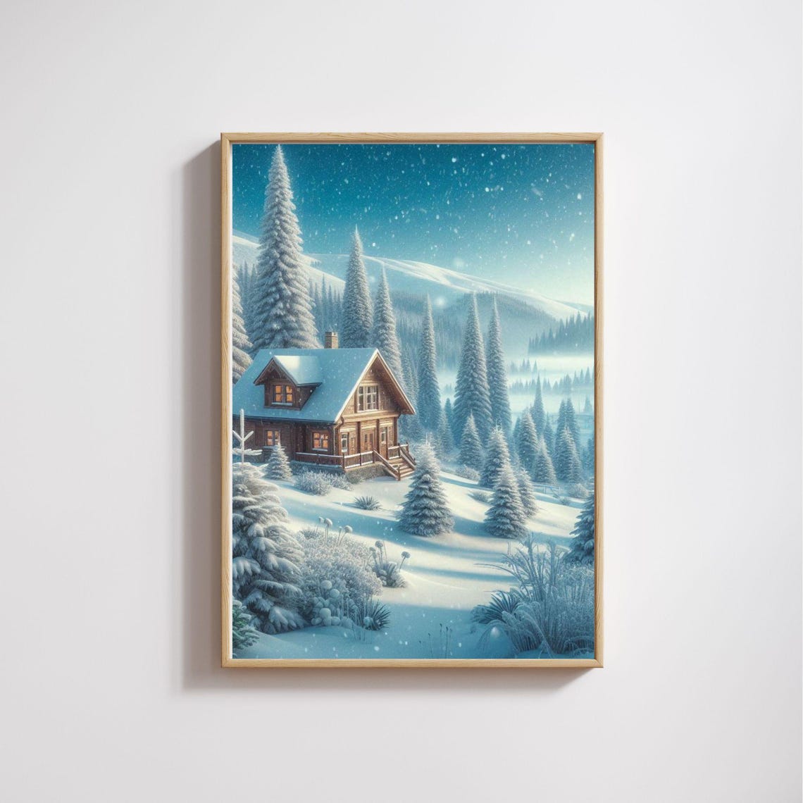 Cozy Snowy Log Cabin Among Pine Trees on a Winter Night Poster - Image 3