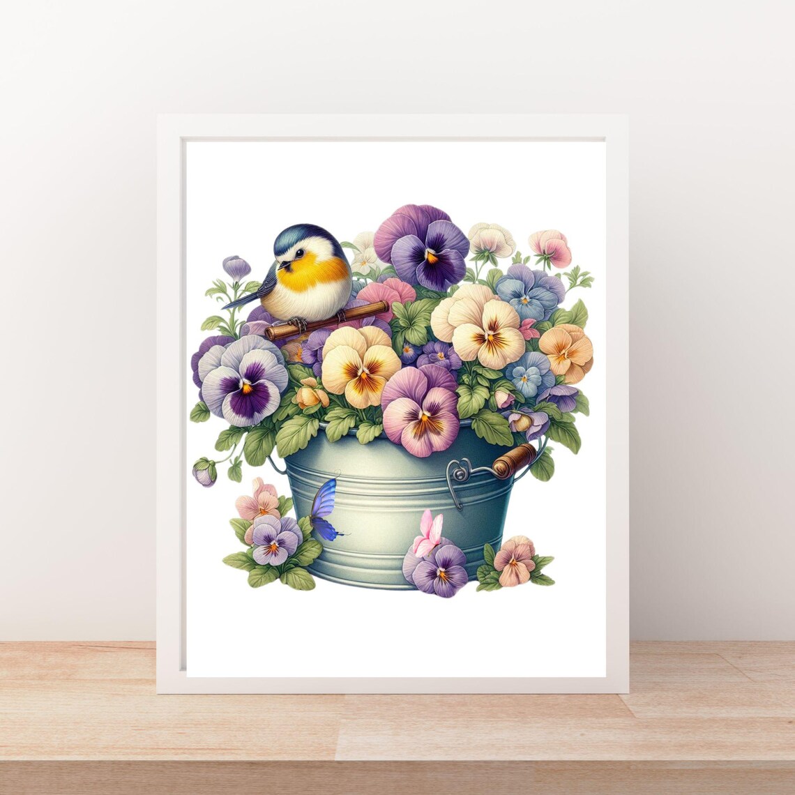 Songbird Perched on a Bucket of Colorful Pansies Floral Poster