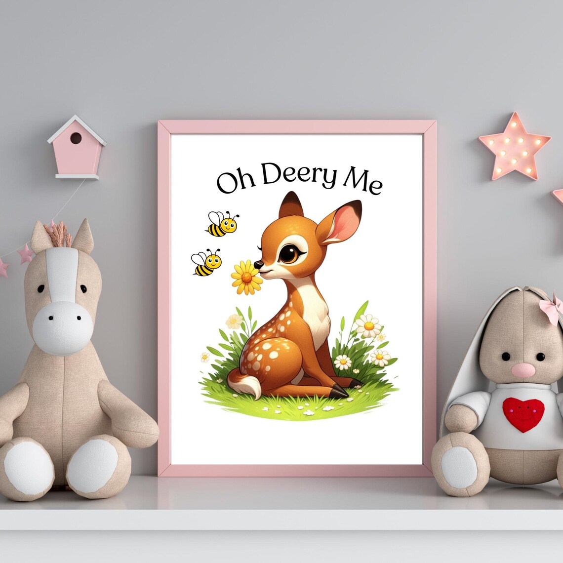 Oh Deery Me Cute Baby Fawn With Daisy And Bees Kids Nursery Poster - Image 3