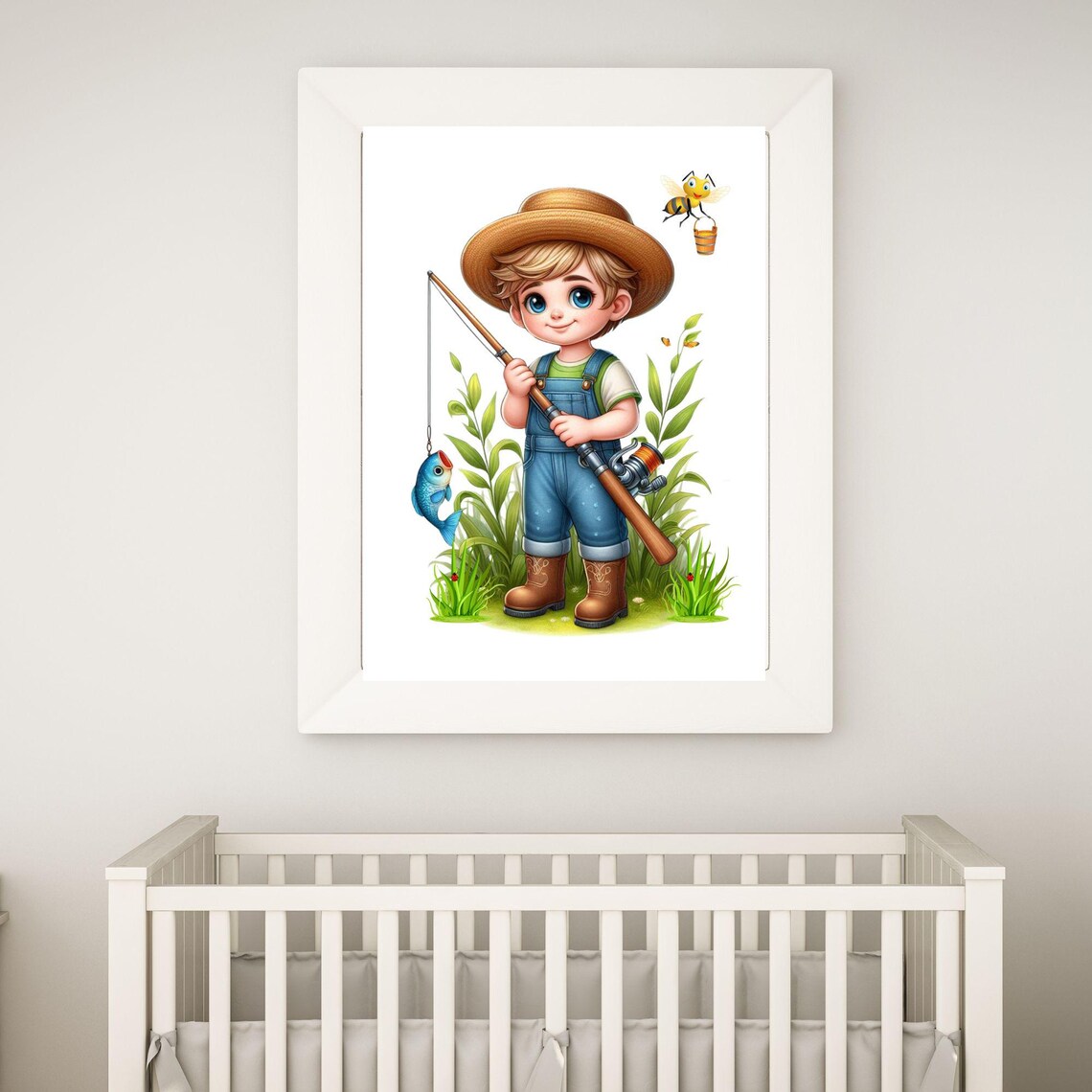 Little Boy Fisherman With Rod and Caught Fish Kids Room Poster - Image 2