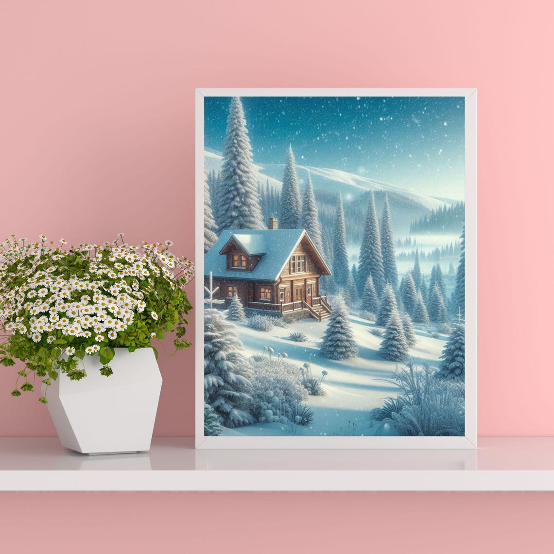 Cozy Snowy Log Cabin Among Pine Trees on a Winter Night Poster
