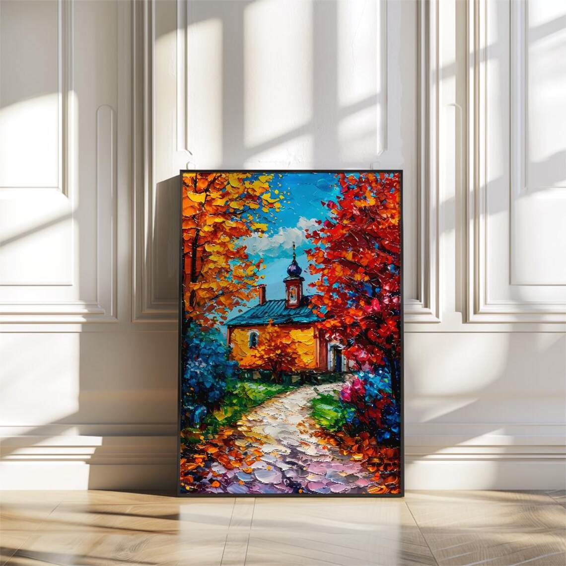 Autumn Cottage with Church Dome among Fiery Trees Art Poster - Image 2